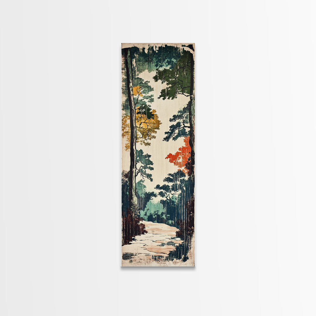 Autumn Forest Path Wall Art, Japanese Woodland Landscape Canvas, Rustic Cabin Decor, Nature Art Print For Living Room Decor