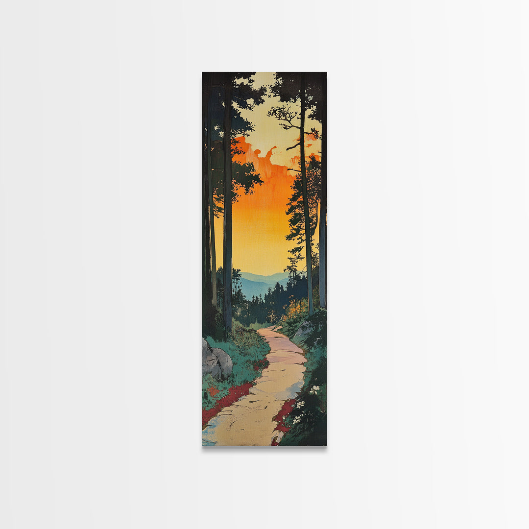 Sunset Forest Trail Canvas Print, Mountain Path Landscape Living Room Wall Art, Rustic Cabin Decor, Orange Sky Nature Art Print