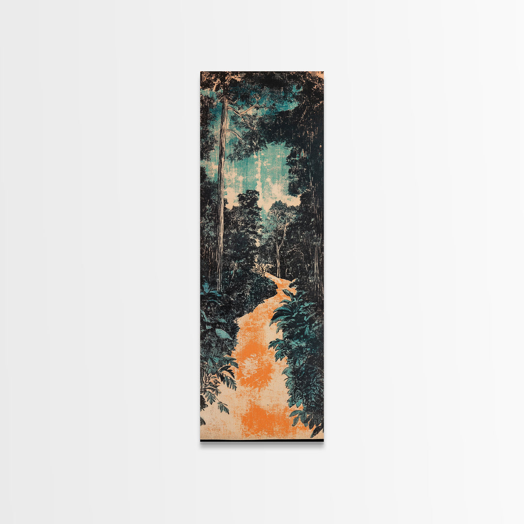 Teal Jungle Path At Dawn Wall Art, Japanese Landscape Print, Nature Wall Decor, Long Vertical Art, Moody Living Room Decor