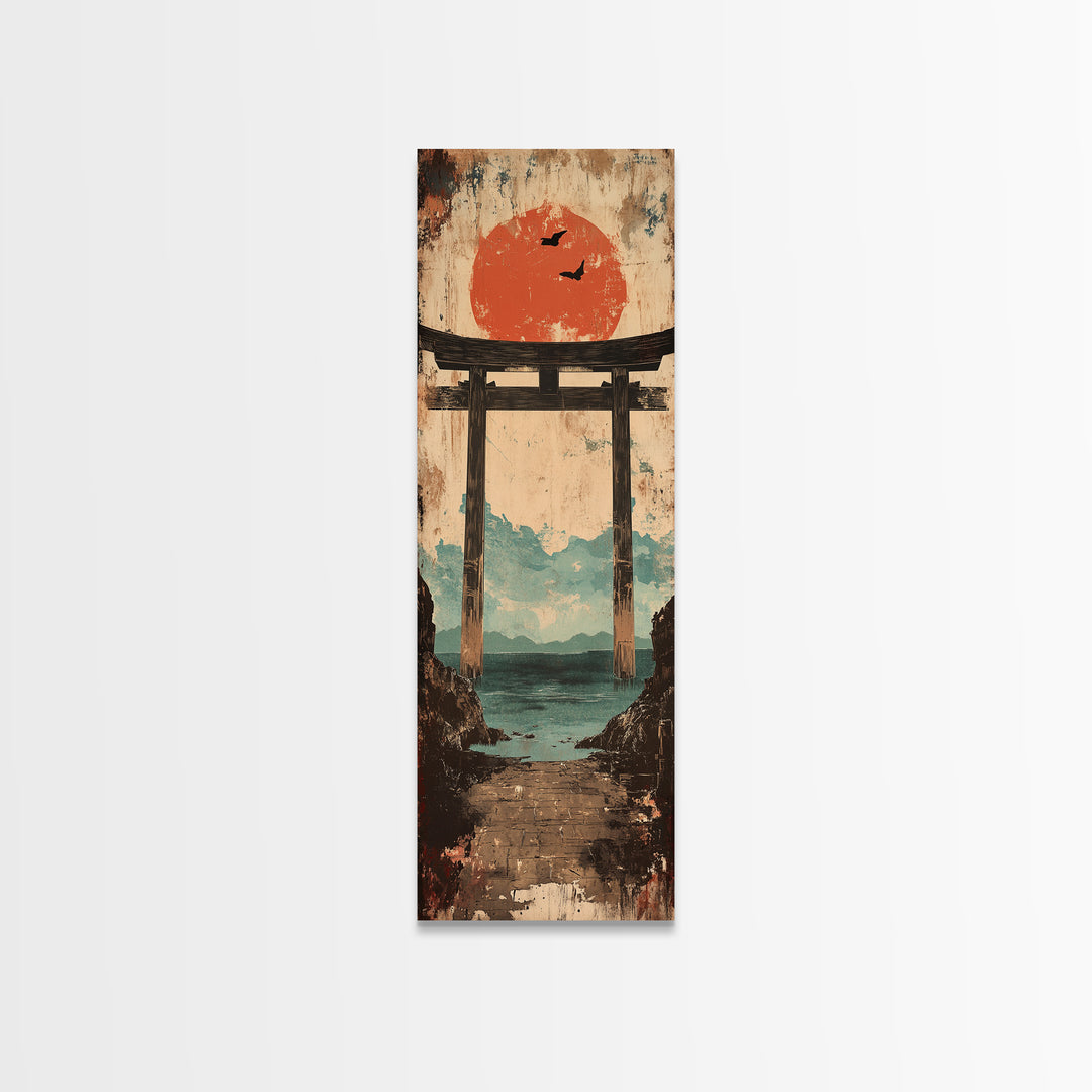 Red Sun Torii Gate Over Sea Framed Canvas Print, Japanese Wall Art, Coastal Landscape, Zen Home Decor, Entryway Wall Decor
