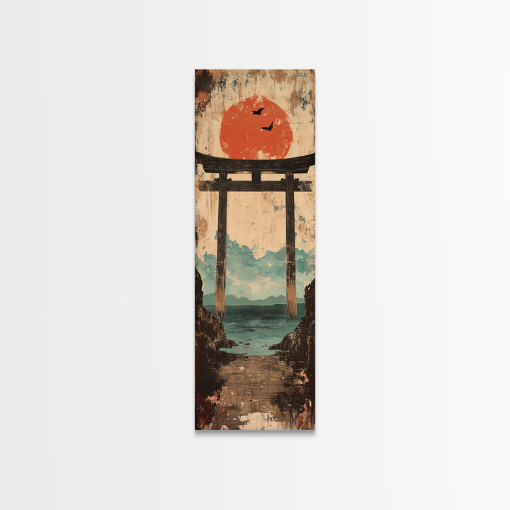 Red Sun Torii Gate Over Sea Framed Canvas Print, Japanese Wall Art, Coastal Landscape, Zen Home Decor, Entryway Wall Decor