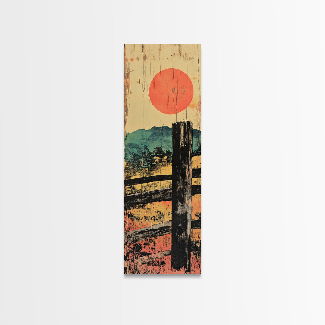 Rustic Fence And Red Sun Canvas Print, Japanese Countryside Landscape Wall Art, Japandi Decor, Earth Tone Living Room Art