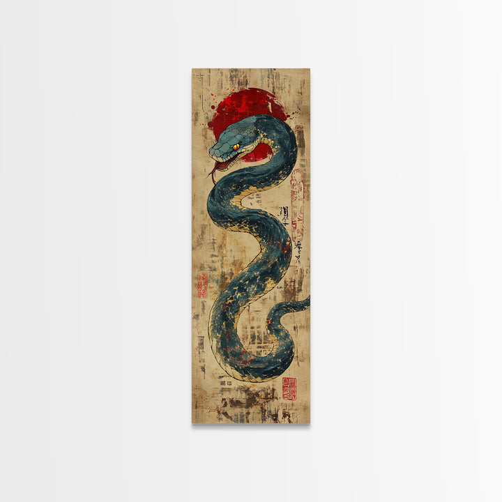 Blue Serpent With Red Sun Wall Art, Japanese Snake Illustration, Ukiyo-E Style Canvas Print, Mystical Asian Wall Decor, Office Decor