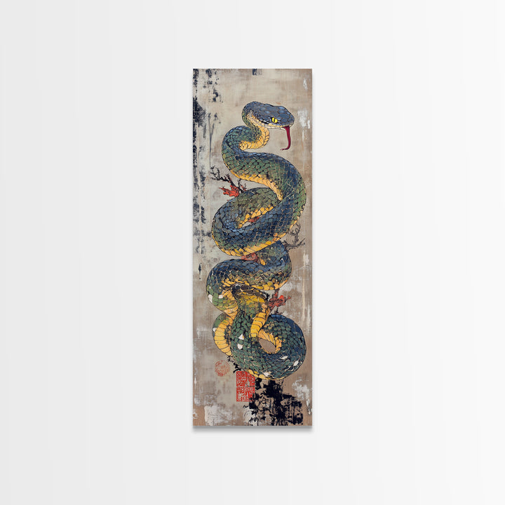 Coiled Blue Viper Snake Canvas Print, Japanese Animal Wall Art, Ukiyo-E Serpent Poster, Dark Academia Office Wall Decor Print