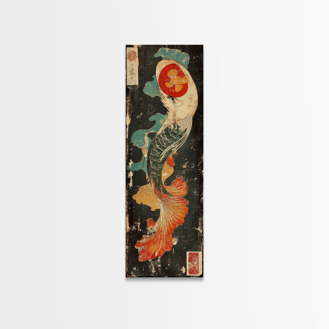 Graceful Koi Fish In Waves Wall Art, Japanese Canvas Print, Asian Inspired Decor, Coastal Bathroom Art, Zen Living Room Decor