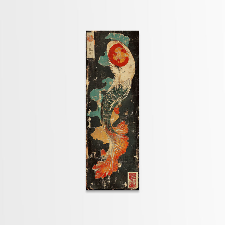 Graceful Koi Fish In Waves Wall Art, Japanese Canvas Print, Asian Inspired Decor, Coastal Bathroom Art, Zen Living Room Decor