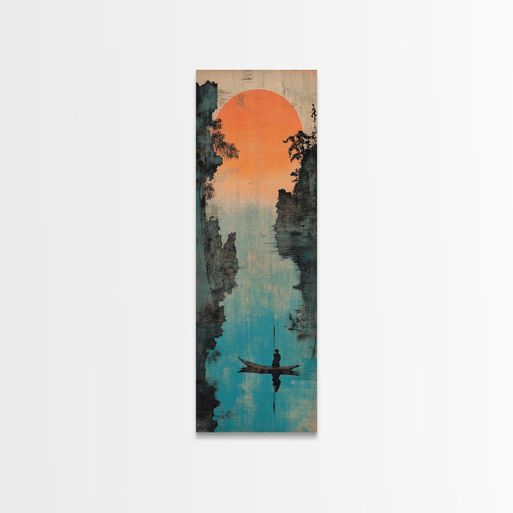 Misty River Canyon With Orange Sun Wall Art, Asian Landscape Canvas Print, Serene Fisherman Boat Framed Canvas Print Wall Decor