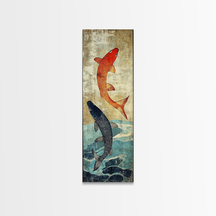 Orange And Black Koi Fish Wall Art, Japanese Koi Canvas Print, Coastal Fish Decor, Framed Canvas Print For Bathroom And Spa Decor