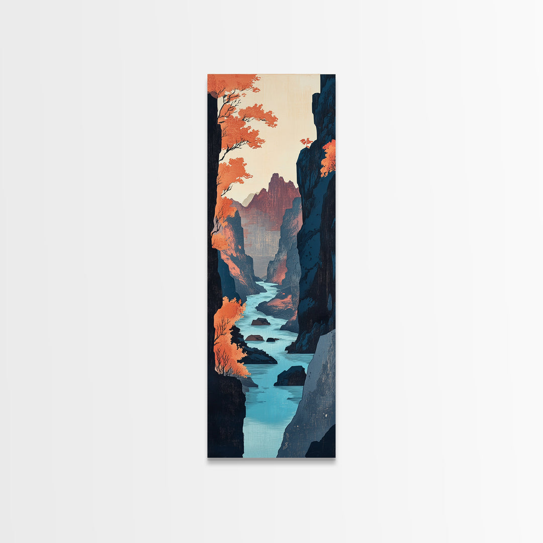 Autumn Canyon River Canvas Print, Japanese Landscape Wall Art, Orange Fall Trees, Moody Mountain Decor, Long Narrow Print