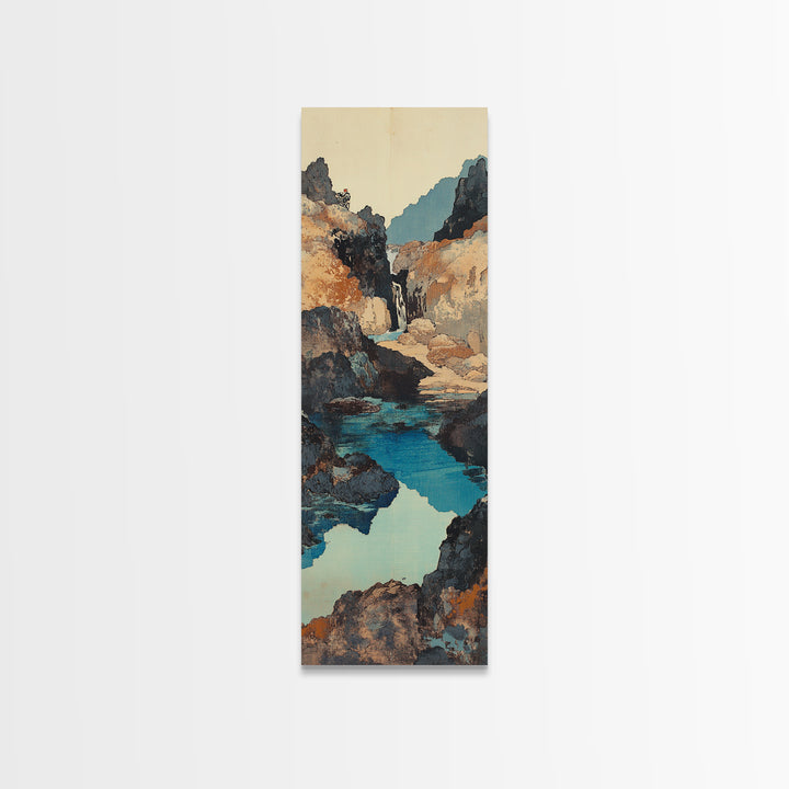 Turquoise Canyon Waterfall Framed Canvas Print, Mountain River Wall Art, Rustic Nature Decor, Japandi Long Narrow Wall Art