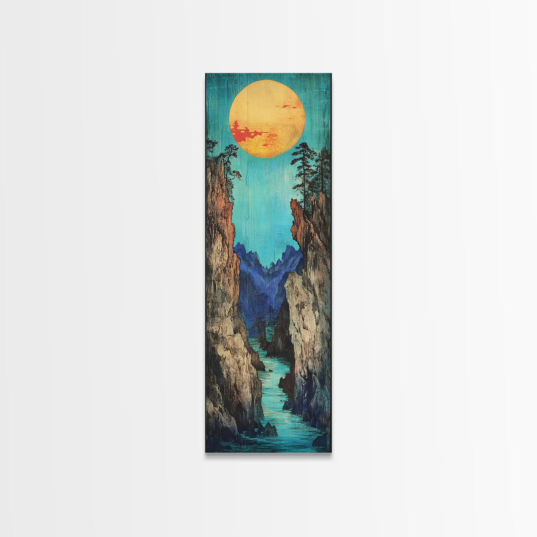 Turquoise Canyon River And Golden Sun Wall Art, Japanese Landscape Print, Japandi Wall Decor, Tall Canvas Art For Entryway