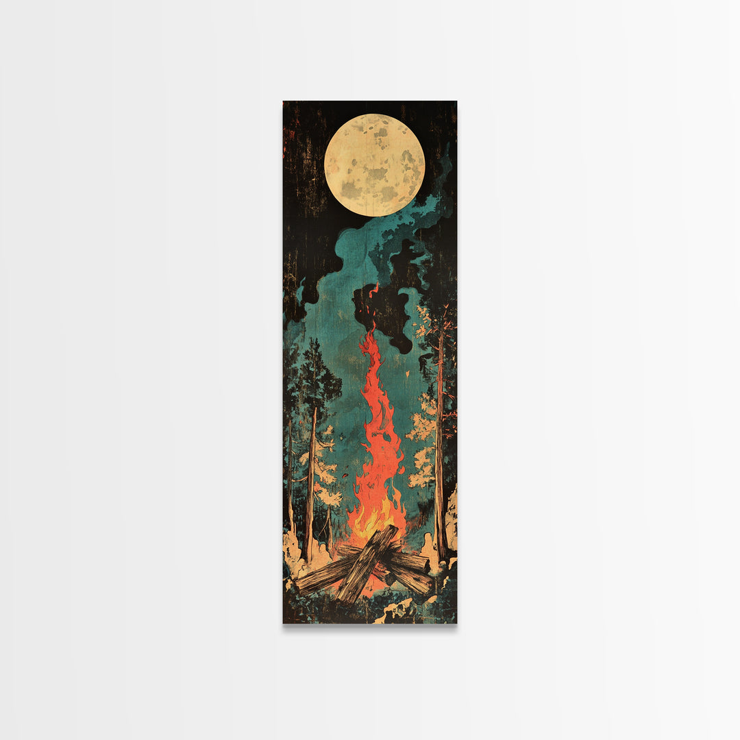 Full Moon Campfire Forest Wall Art, Dark Pine Woodland Canvas, Cozy Cabin Decor, Rustic Nature Print, Lodge Gift For Him