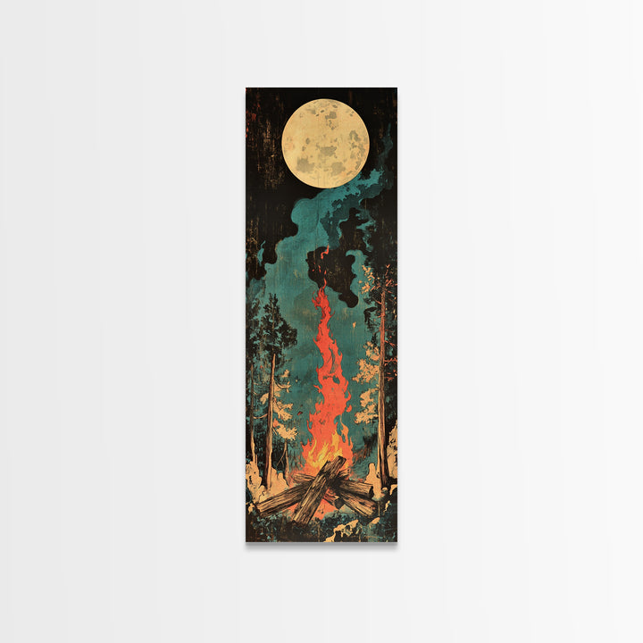 Full Moon Campfire Forest Wall Art, Dark Pine Woodland Canvas, Cozy Cabin Decor, Rustic Nature Print, Lodge Gift For Him
