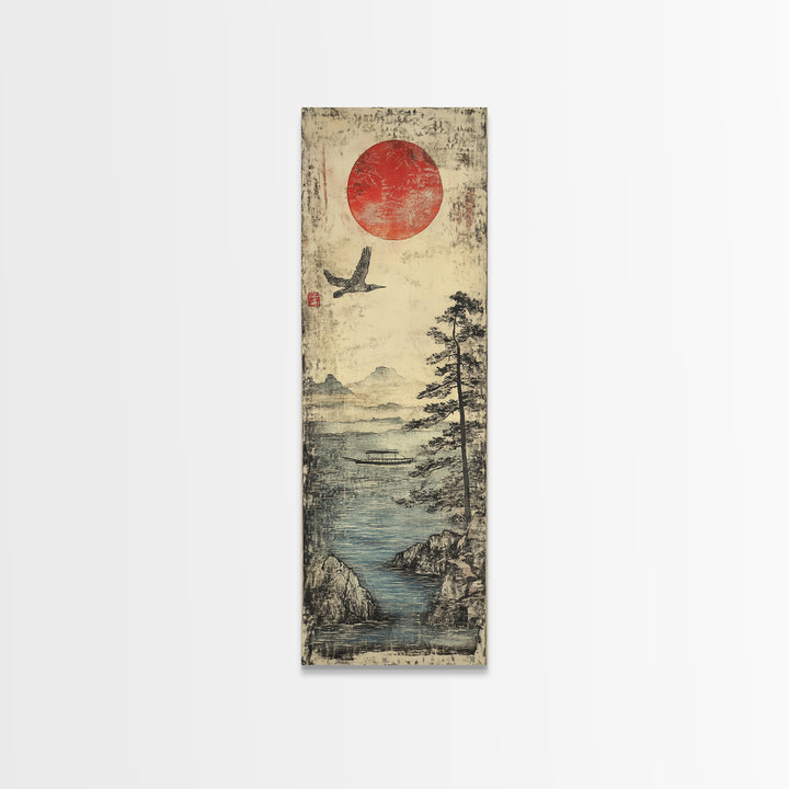 Red Sun Over Misty Coastal Lake Wall Art, Japanese Landscape Print, Crane Bird Scene, Zen Nature Decor For Living Room, Home Decor
