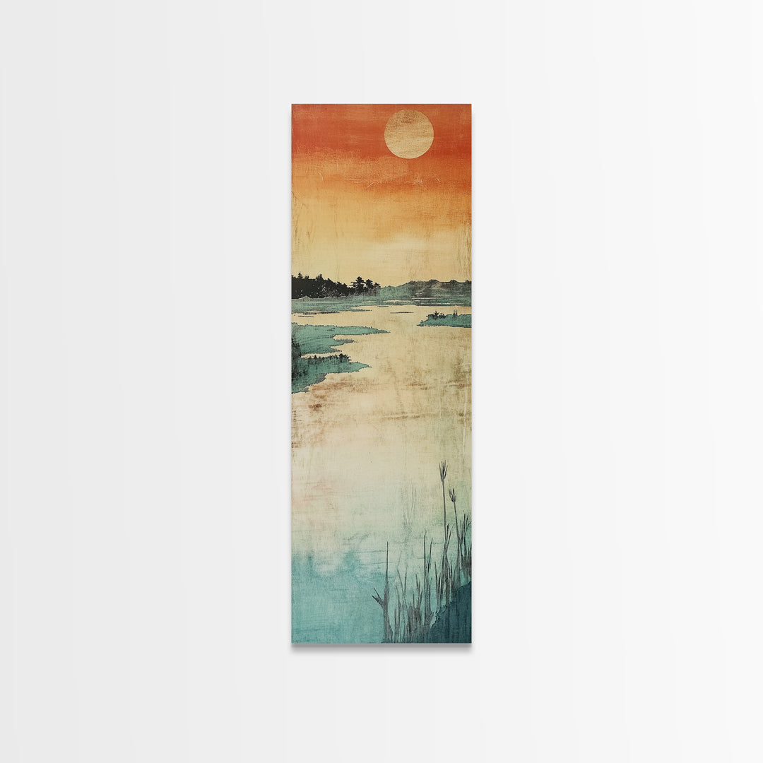 Orange Sunset Marsh Landscape Canvas Print, Minimal Japanese Seascape, Coastal Wall Art, Calm Bedroom Decor, Zen Home Decor
