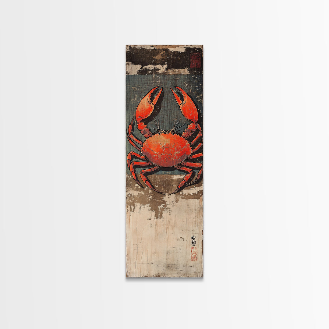 Bright Red Crab On Weathered Wood Wall Art, Nautical Japanese Seafood Print, Coastal Kitchen Decor, Beach House Canvas Print