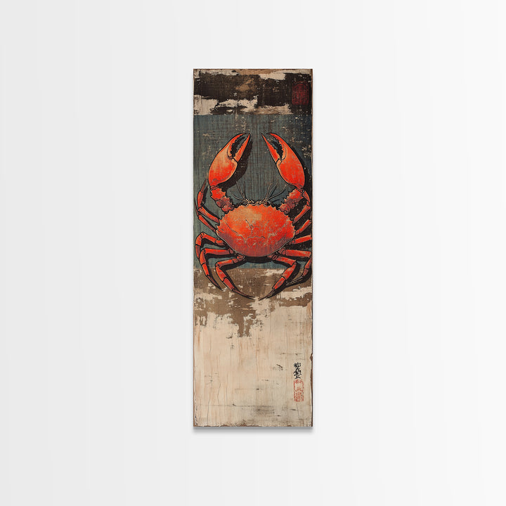 Bright Red Crab On Weathered Wood Wall Art, Nautical Japanese Seafood Print, Coastal Kitchen Decor, Beach House Canvas Print
