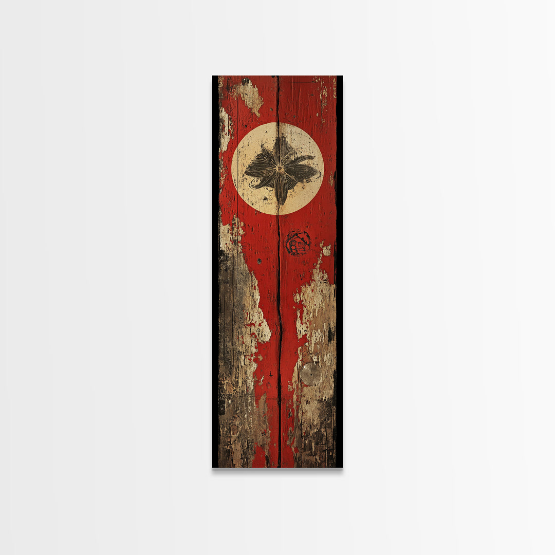 Rustic Red Door With White Sun Wall Art, Weathered Japanese Texture Print, Narrow Vertical Decor, Wabi Sabi Canvas Print