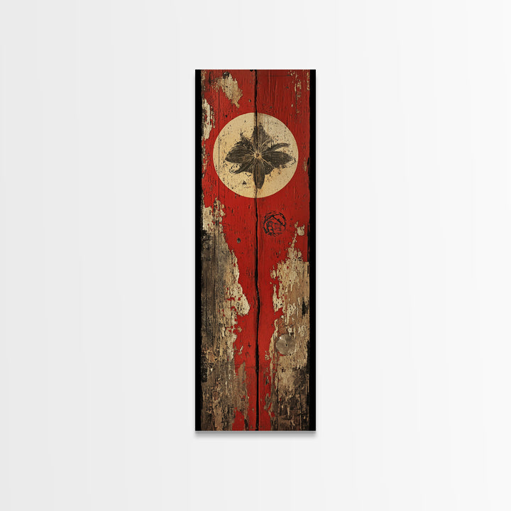 Rustic Red Door With White Sun Wall Art, Weathered Japanese Texture Print, Narrow Vertical Decor, Wabi Sabi Canvas Print