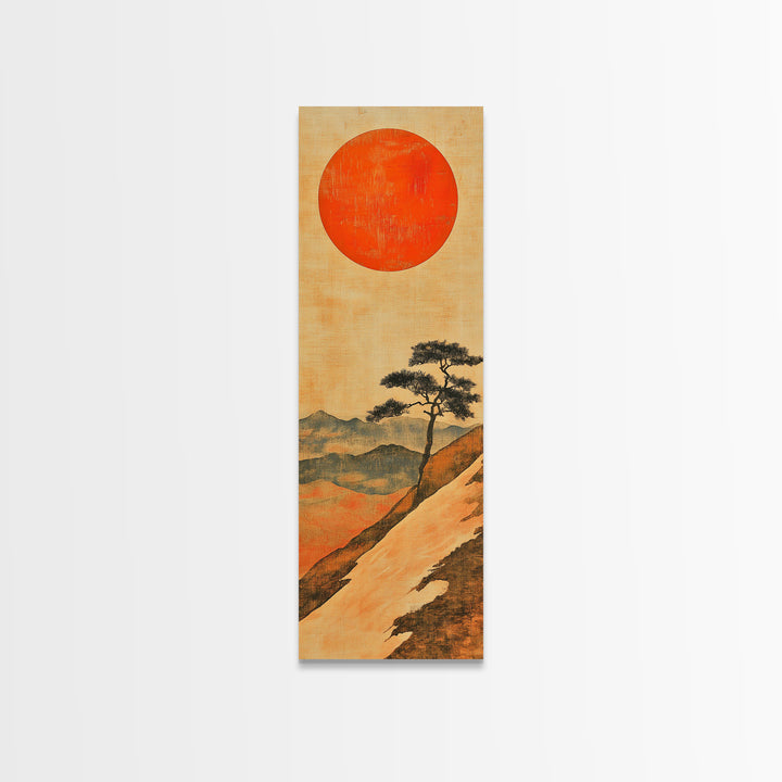 Large Red Sun Over Mountain Ridge Canvas Print, Japanese Landscape Wall Art, Earth Tone Decor, Minimalist Nature Art Print