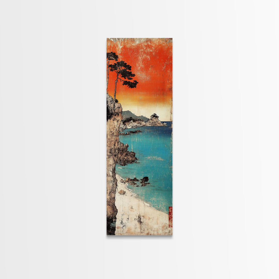Turquoise Cove And Cliffside Sunset Large Canvas Print, Japanese Coastal Wall Art, Beach House Decor, Vibrant Ocean Art Print