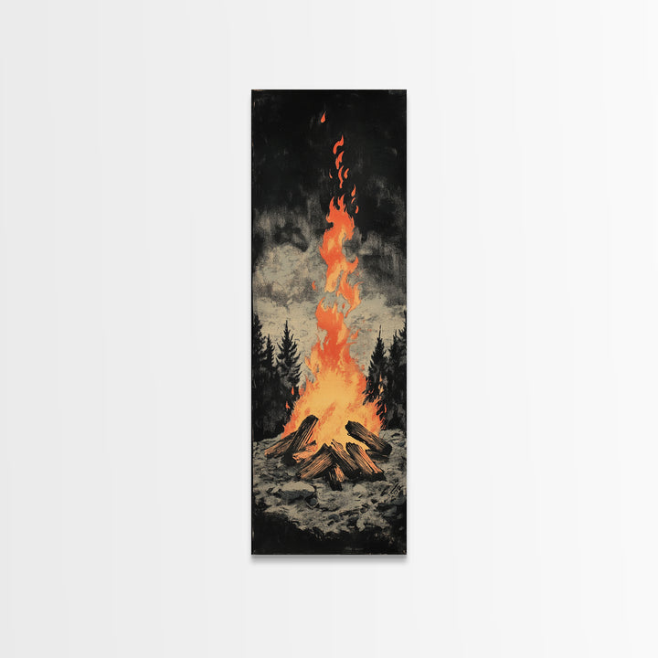 Glowing Campfire In Dark Pine Forest Framed Canvas Print, Rustic Cabin Wall Art, Cozy Lodge Decor, Moody Nature Art Print