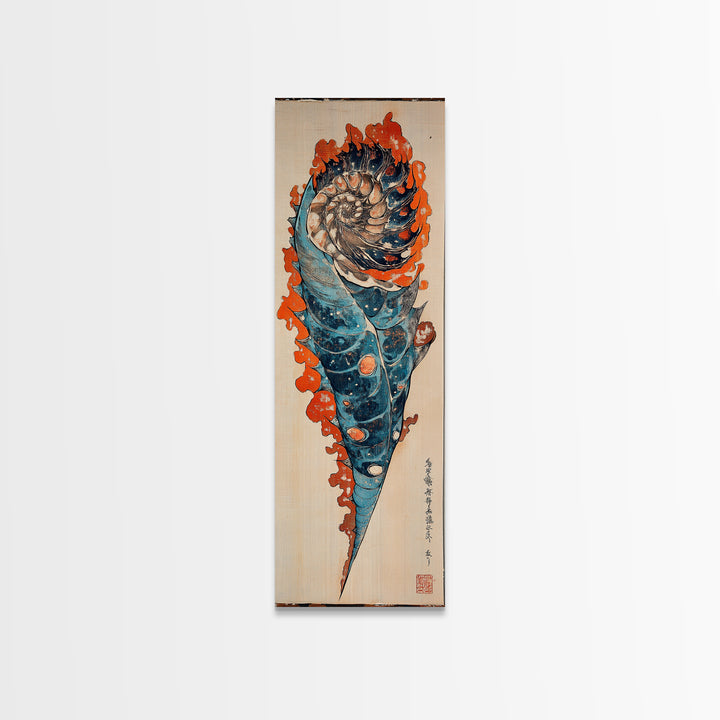 Blue Orange Spiral Seashell Wall Art, Japanese Woodblock Coastal Canvas Wall Decor, Nautical Ocean Print For Beach House