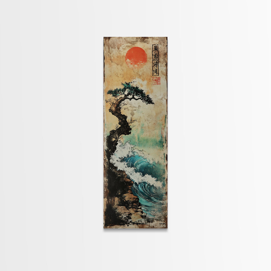 Red Sun Pine Cliff Seascape Wall Art, Japanese Wave Landscape Print, Coastal Zen Decor For Living Room And Office, Modern Home Decor