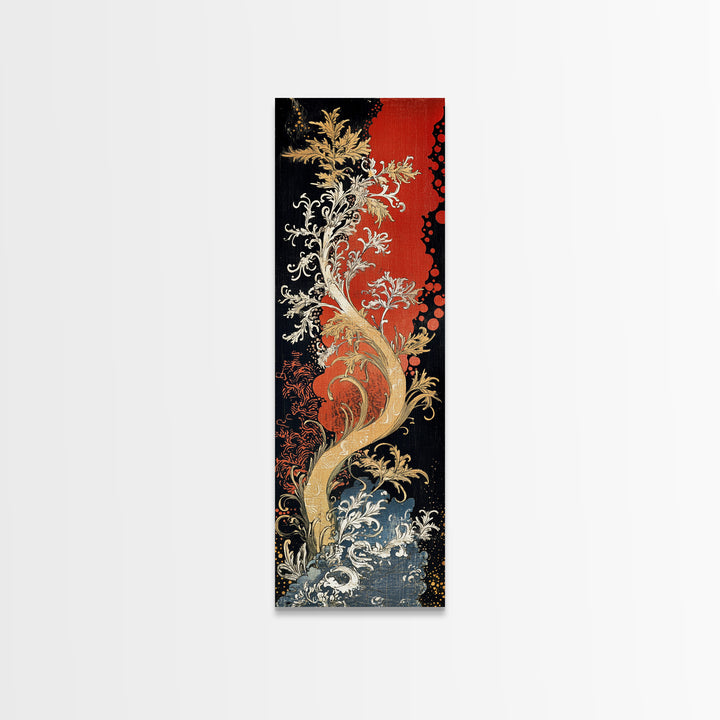 Golden Fantasy Tree With Waves Canvas Print, Art Nouveau Asian Inspired Wall Decor, Dramatic Red Black Living Room Art, Statement Artwork