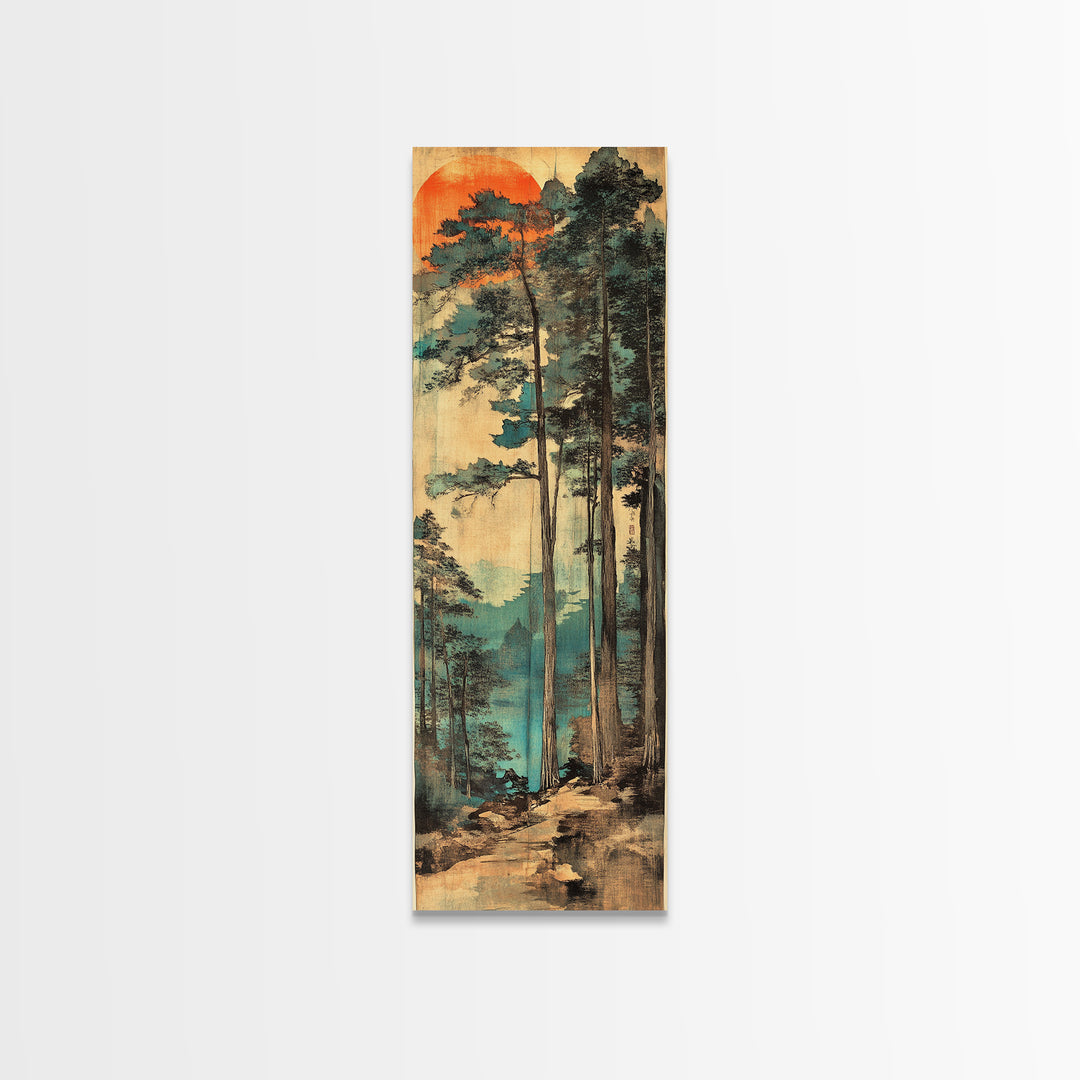Tall Pine Forest Sunrise Wall Art, Japanese Woodblock Landscape Print, Misty Mountain Nature Decor For Living Room And Office Decor