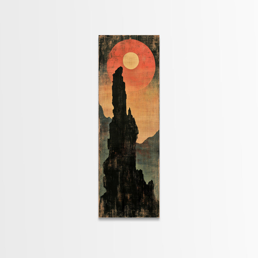 Black Rock Spire Eclipse Wall Art, Moody Japanese Mountain Landscape Print, Dark Academia Decor For Modern Living Room, Canvas Print