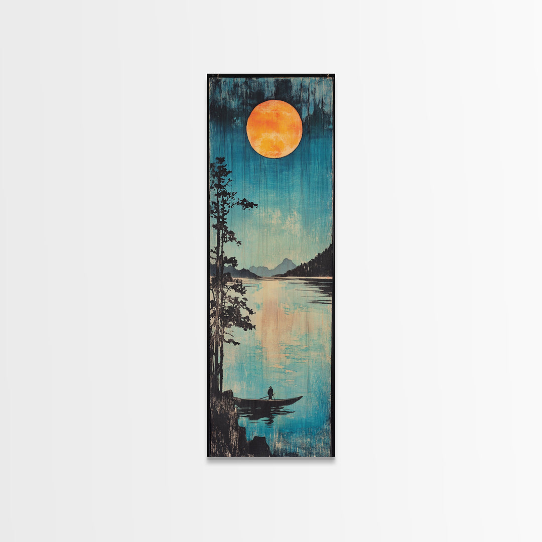 Orange Full Moon Over Mountain Lake Canvas Print, Serene Canoe Landscape Art, Japandi Wall Decor, Calming Bedroom Decor Gift