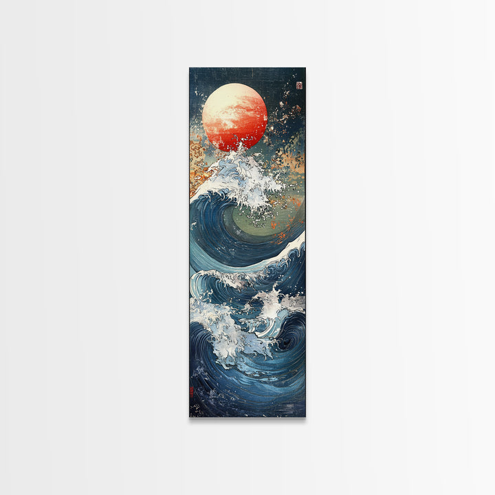 Great Wave With Red Sun Framed Canvas Print, Japanese Wall Art, Ocean Seascape, Nautical Decor, Bold Coastal Gift, Living Room Wall Decor