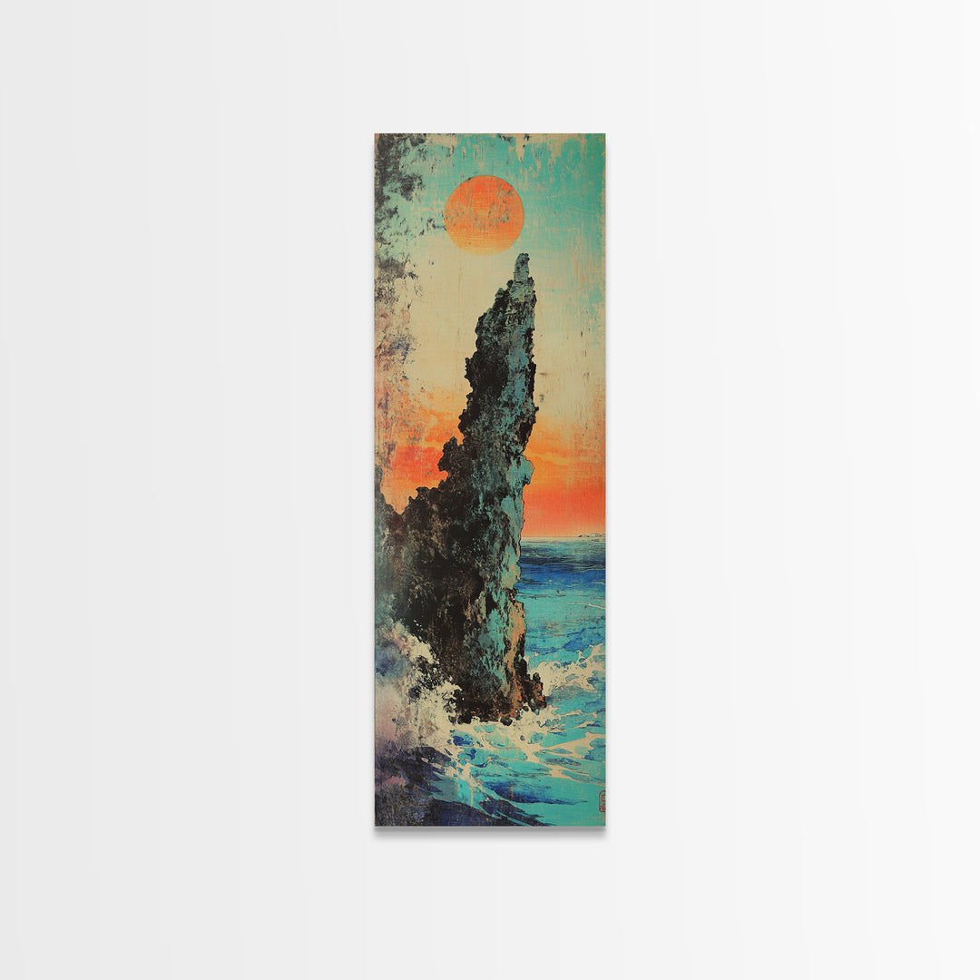 Dramatic Sea Stack At Sunset Wall Art, Japanese Coastal Landscape Print, Ocean Cliff Decor, Tall Narrow Canvas Gift, Living Room Decor