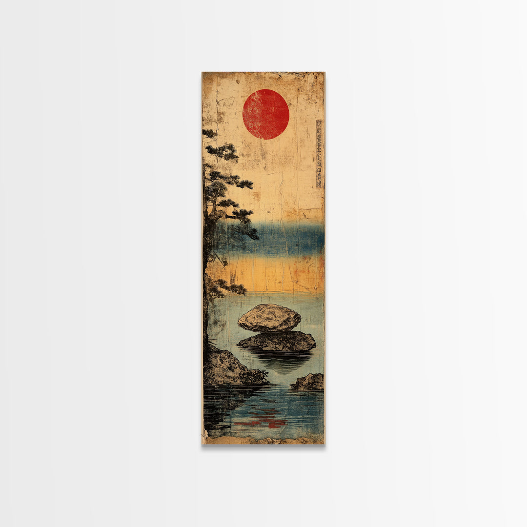 Misty Lake Rocks With Red Sun Wall Art, Japanese Landscape Print, Zen Coastal Decor, Japandi Living Room Wall Decor Gift