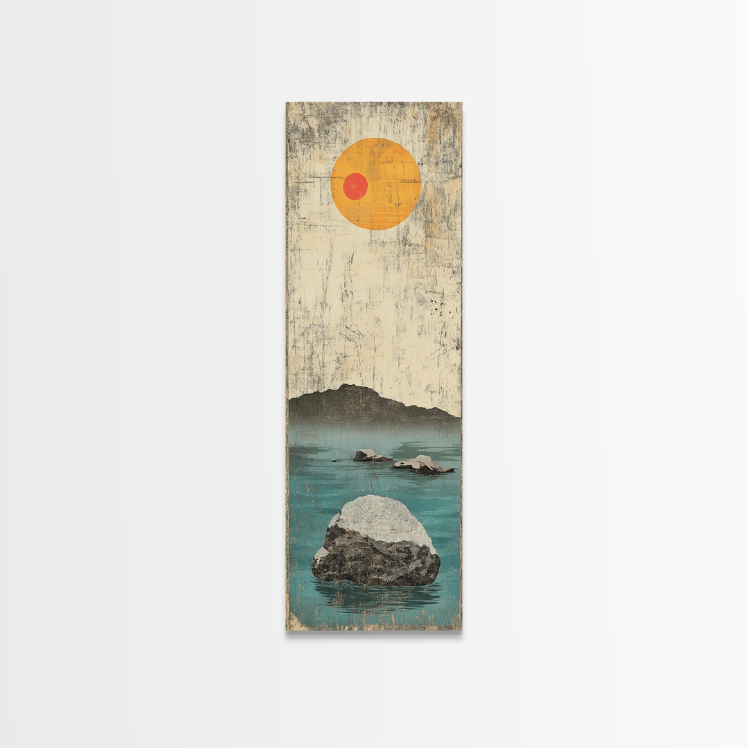 Minimal Ocean Rocks Beneath Yellow Sun Canvas Print, Japanese Seascape Wall Art, Neutral Coastal Decor, Zen Home Decor Gift