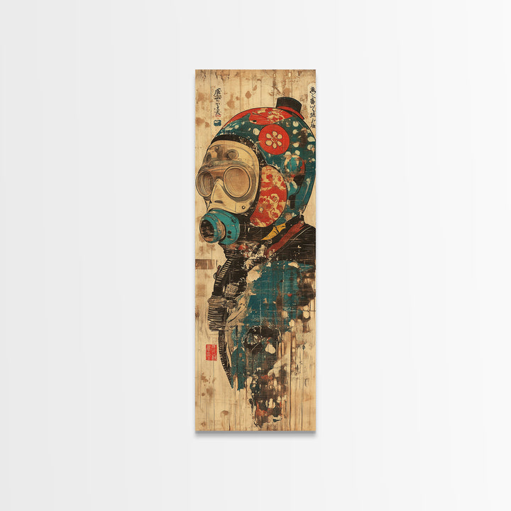 Steampunk Gas Mask Diver Helmet Framed Canvas Print, Japanese Cyberpunk Wall Art, Industrial Decor, Sci Fi Gift For Him Poster