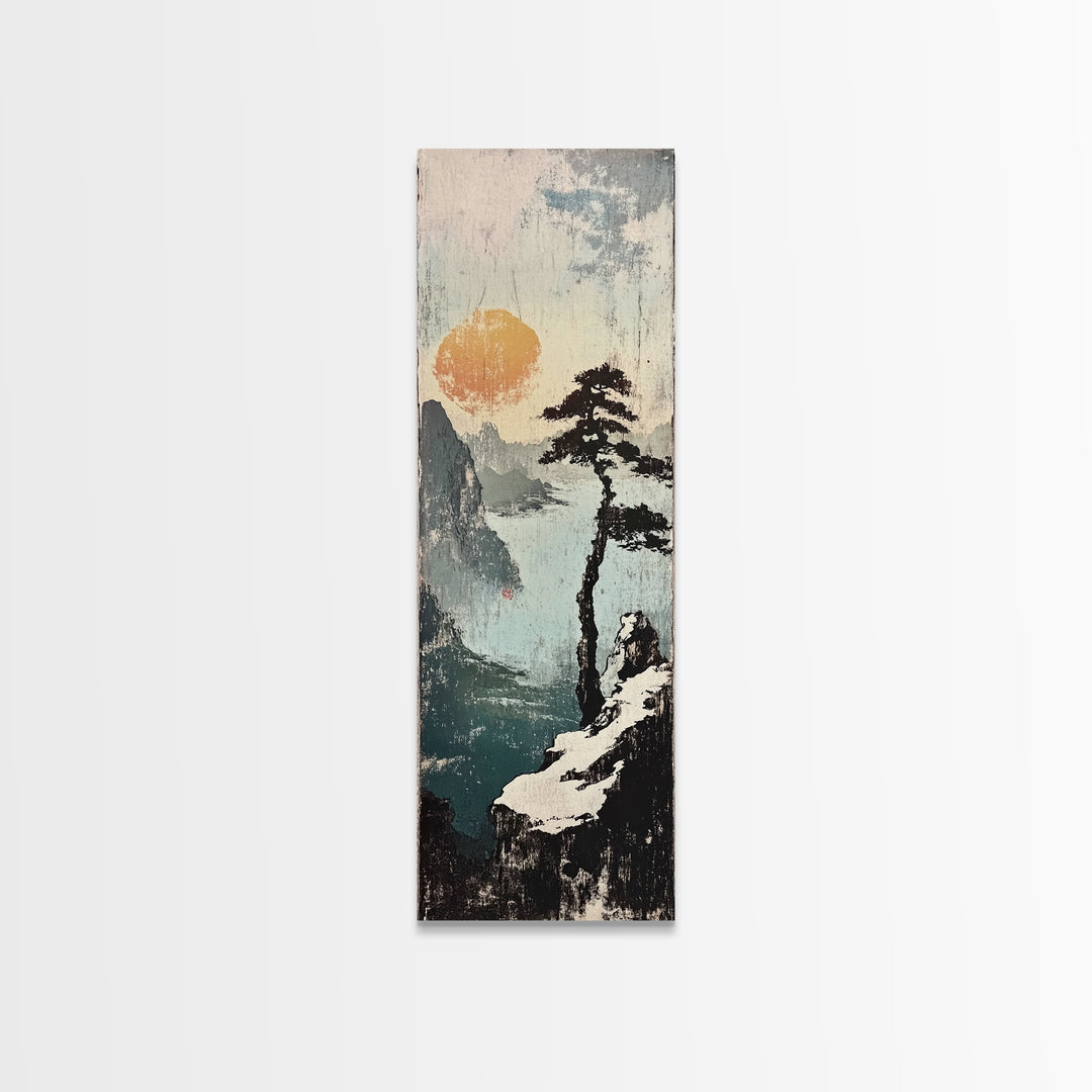 Misty Cliff Pine Lake Canvas Print, Japanese Landscape Wall Art, Neutral Nature Poster, Zen Home Decor, Office Wall Decor
