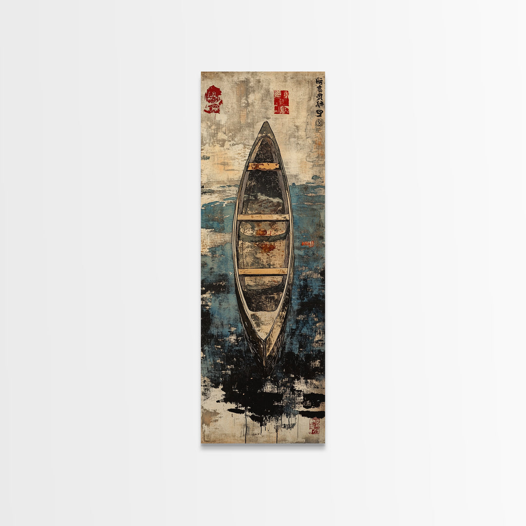 Weathered Canoe On Deep Blue Water Canvas Print, Coastal Boat Wall Decor, Nautical Lake House Art Print, Rustic Home Decor