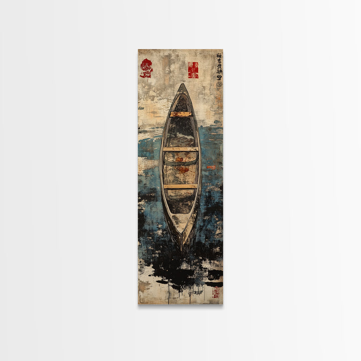 Weathered Canoe On Deep Blue Water Canvas Print, Coastal Boat Wall Decor, Nautical Lake House Art Print, Rustic Home Decor