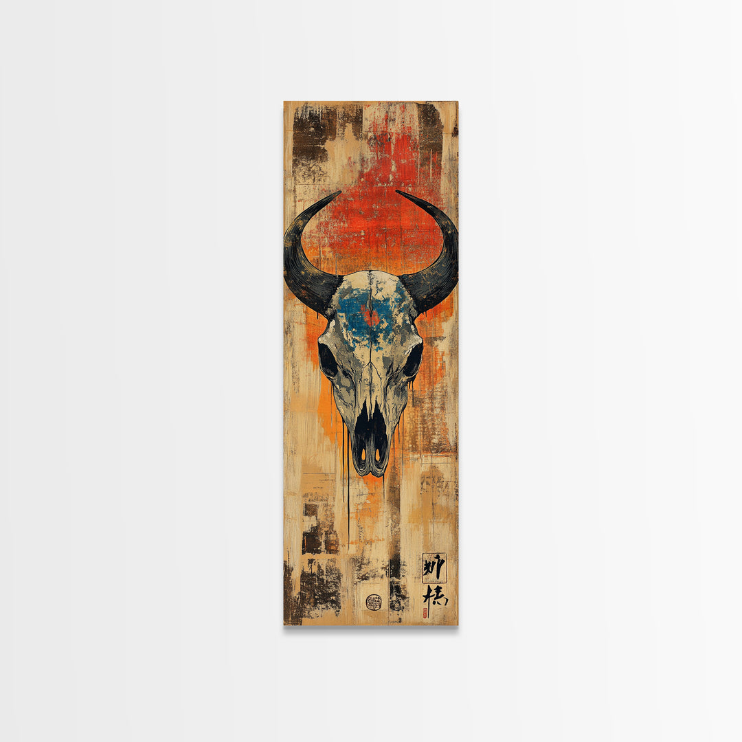 Western Bull Skull On Distressed Wood Wall Art, Rustic Cowboy Decor, Southwestern Canvas Print, Ranch Housewarming Gift Art