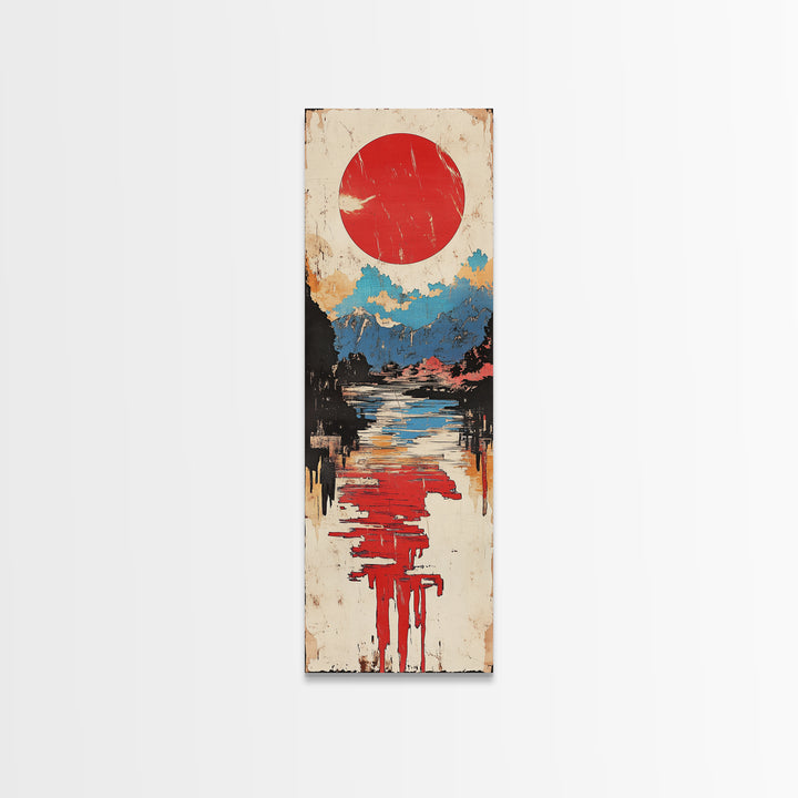 Red Sun Over Reflective Lake Wall Art, Japanese Landscape Print, Modern Coastal Decor, Serene Living Room Canvas Print, Home Decor