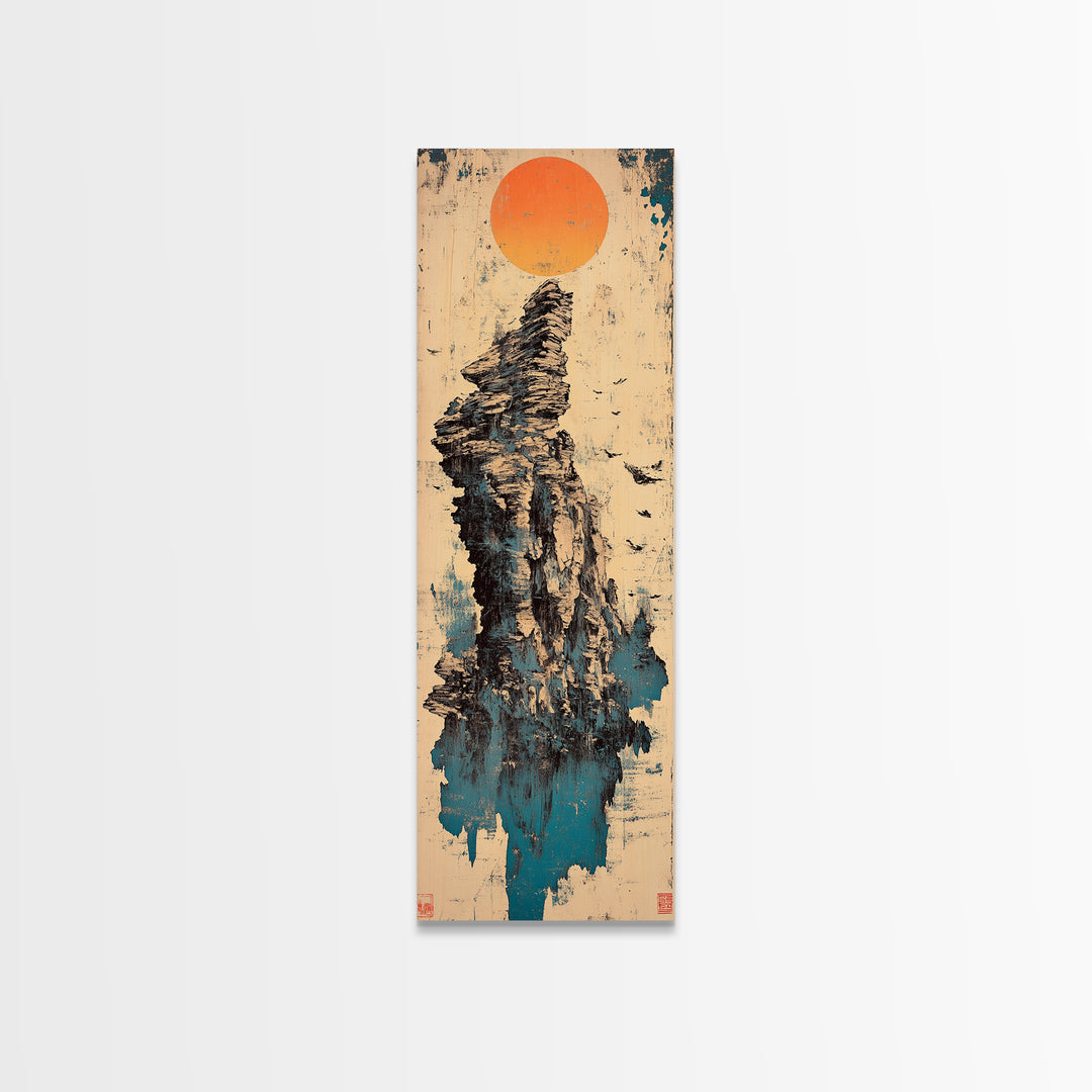 Rocky Sea Stack Under Orange Sun Wall Art, Japanese Landscape Canvas Print, Coastal Nature Decor, Minimalist Home Decor Art