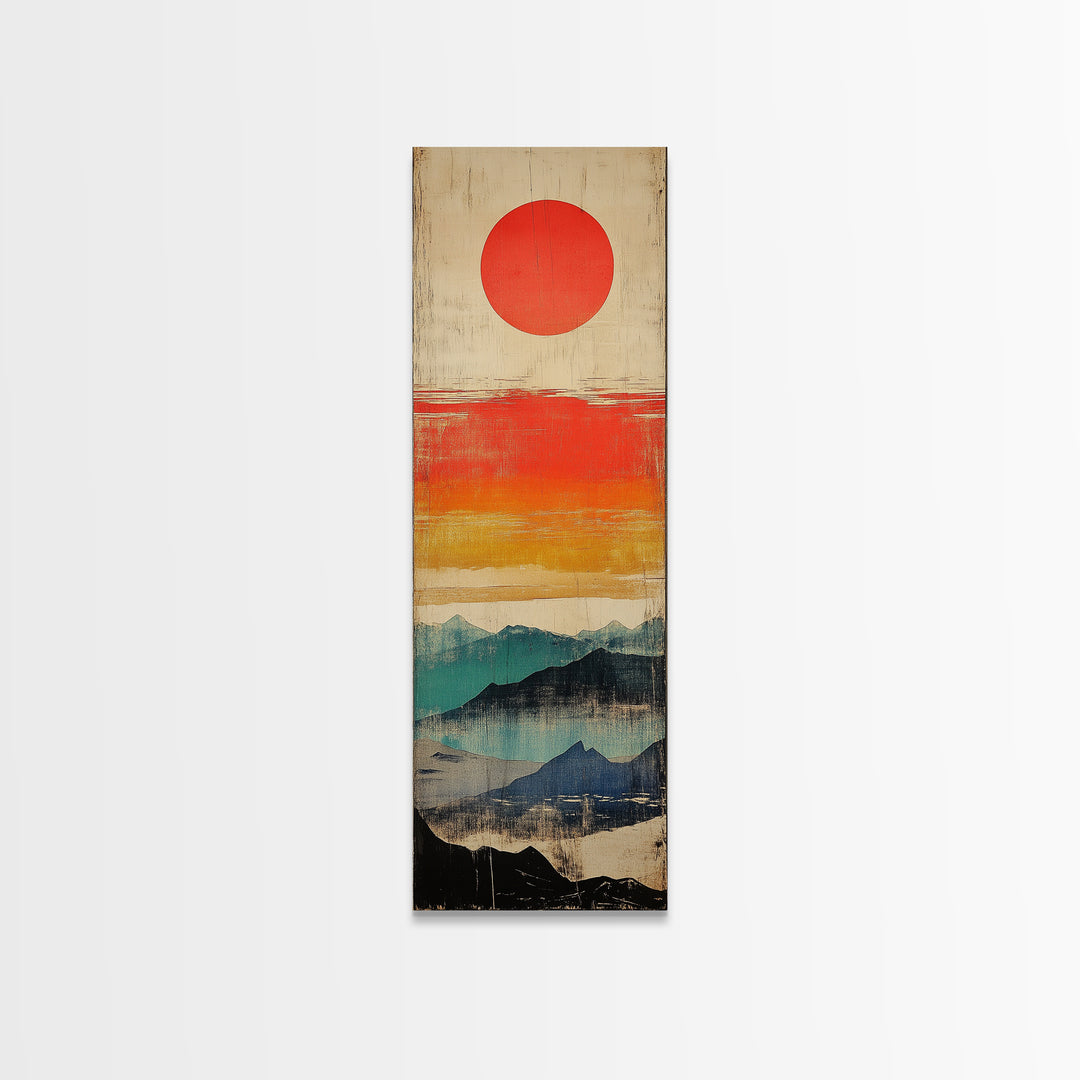 Red Sun Above Layered Blue Mountains Wall Art, Japanese Landscape Canvas Print, Mid Century Decor, Modern Living Room Art