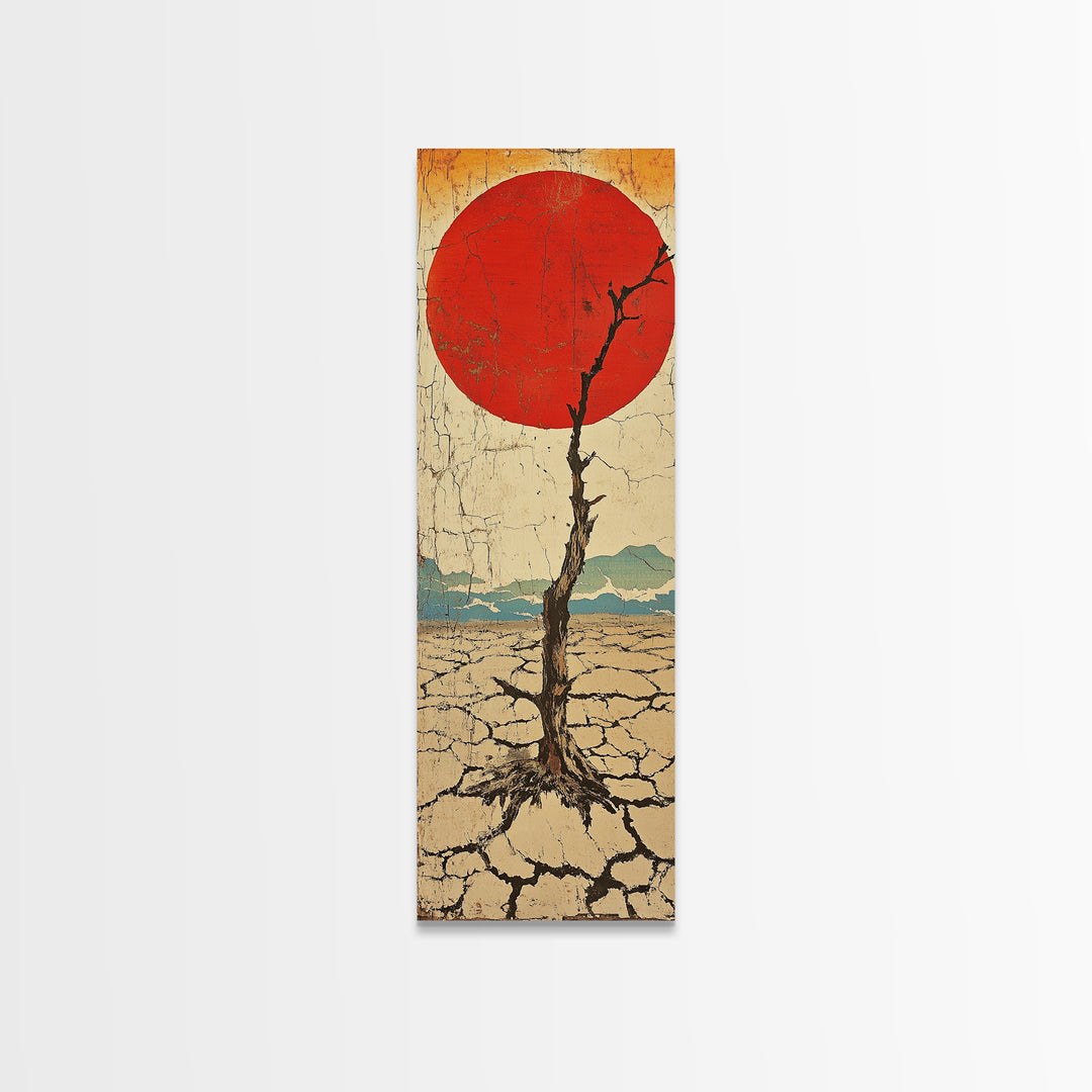 Red Sun Desert Tree Wall Art, Japanese Inspired Landscape Print, Rustic Wabi Sabi Decor, Long Narrow Canvas For Living Room