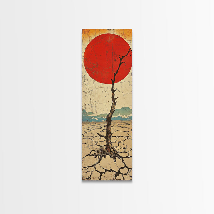 Red Sun Desert Tree Wall Art, Japanese Inspired Landscape Print, Rustic Wabi Sabi Decor, Long Narrow Canvas For Living Room
