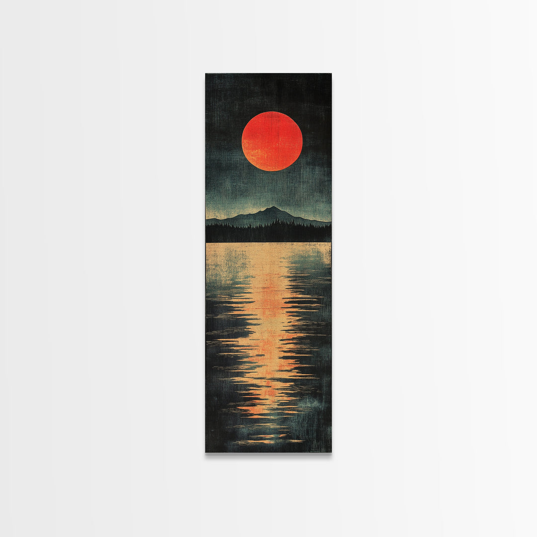 Red Sun Mountain Lake Canvas Print, Japanese Landscape Wall Decor, Moody Reflection Art, Long Narrow Poster For Modern Living Room