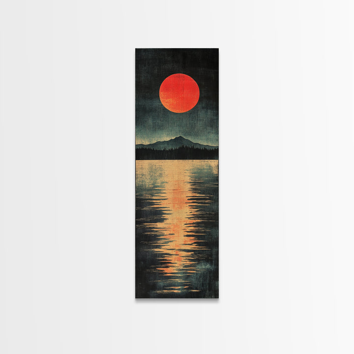 Red Sun Mountain Lake Canvas Print, Japanese Landscape Wall Decor, Moody Reflection Art, Long Narrow Poster For Modern Living Room