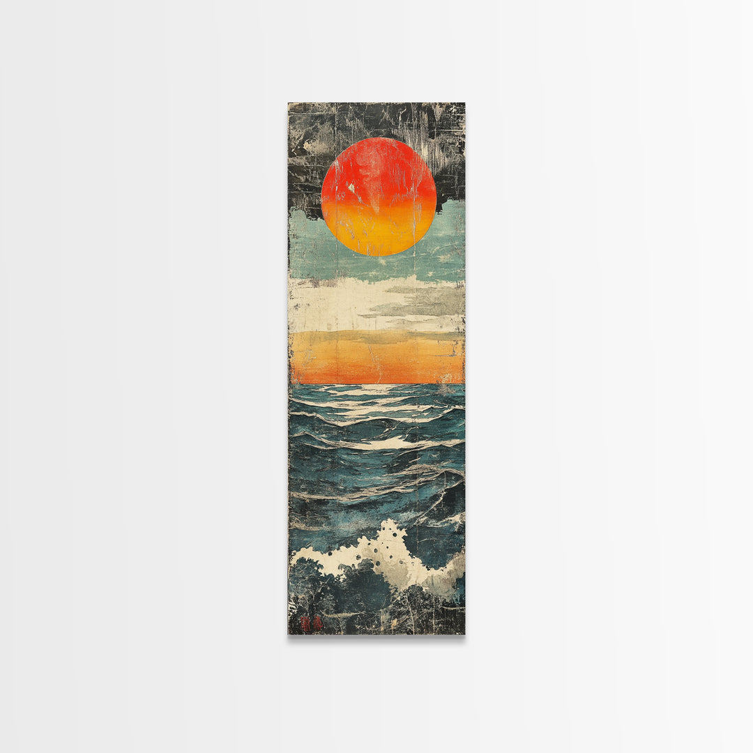 Abstract Ocean Sunset Wall Art, Red Sun Seascape Print, Coastal Wall Decor, Textured Wave Poster For Beach House Living Room