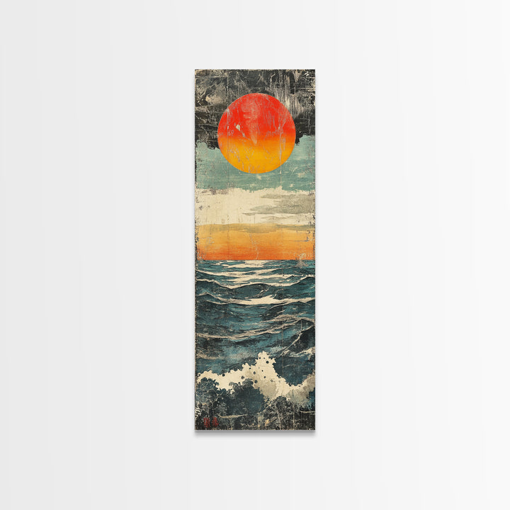 Abstract Ocean Sunset Wall Art, Red Sun Seascape Print, Coastal Wall Decor, Textured Wave Poster For Beach House Living Room